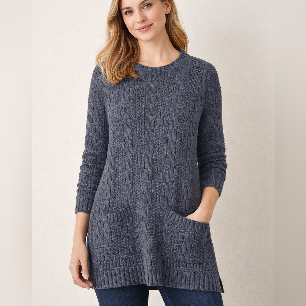 Jeanne Pierre Cable Knit Tunic Sweater Pockets Cotton Size Large Dark Gray